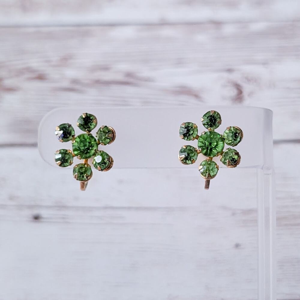 Vintage Screw Back Earrings Green Gems Flower 5/8"